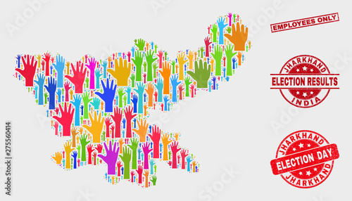 Election Jharkhand State map and seal stamps. Red rectangular Employees Only scratched seal. Bright Jharkhand State map mosaic of raised electoral arms. Vector combination for election day,