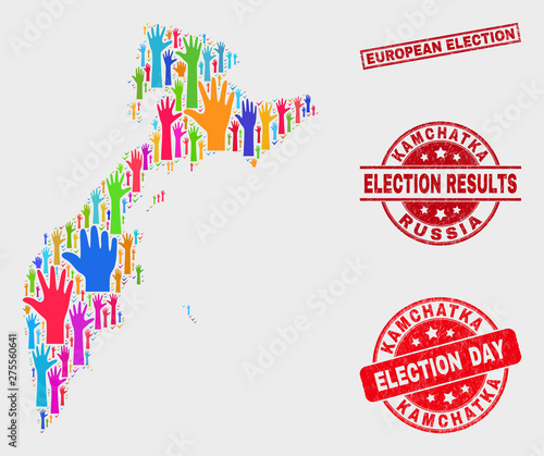 Poll Kamchatka map and seals. Red rectangular European Election grunge seal stamp. Colorful Kamchatka map mosaic of raised up ballot arms. Vector combination for election day, and ballot results.
