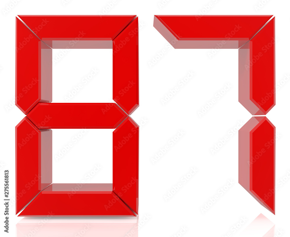 Red digital numbers 87 on white background 3d rendering Red digital numbers 87 on white background 3d rendering