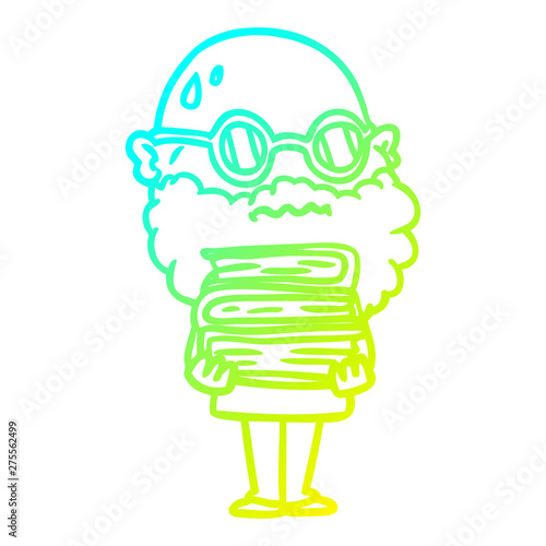 cold gradient line drawing cartoon worried man with beard and stack of books