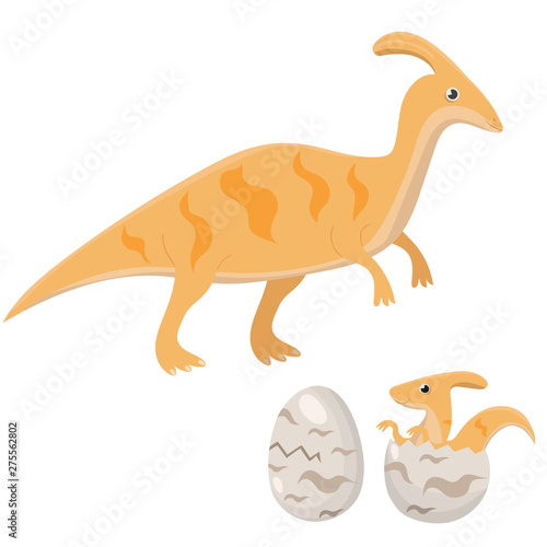 Dinosaur family Mama dinosaur and baby dinosaur hatch from egg. Vector image isolated on white background.