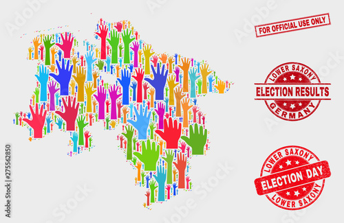 Ballot Lower Saxony Land map and seal stamps. Red rectangle For Official Use Only scratched seal stamp. Bright Lower Saxony Land map mosaic of raised raising hands.