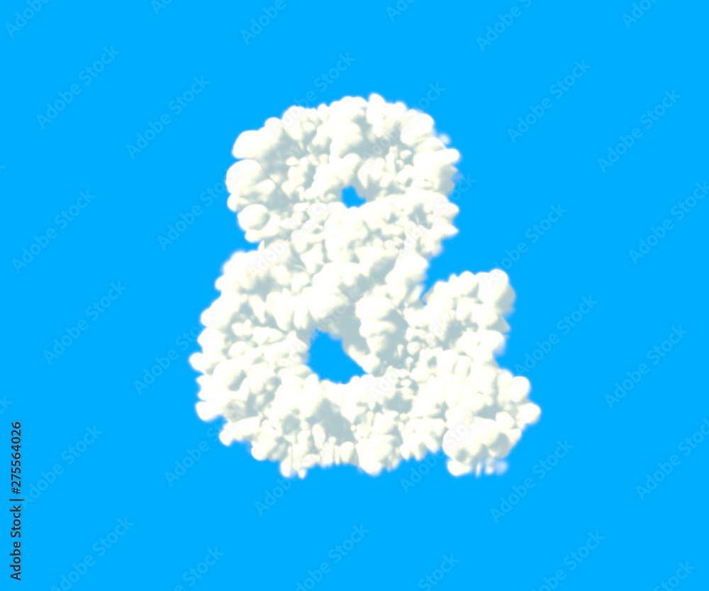 Clouds design alphabet, white cloudy ampersand isolated on sky background - 3D illustration of symbols