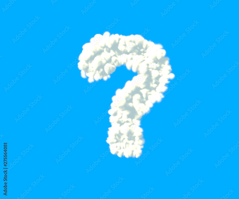 Clouds creative alphabet, white cloudy question mark isolated on sky background - 3D illustration of symbols