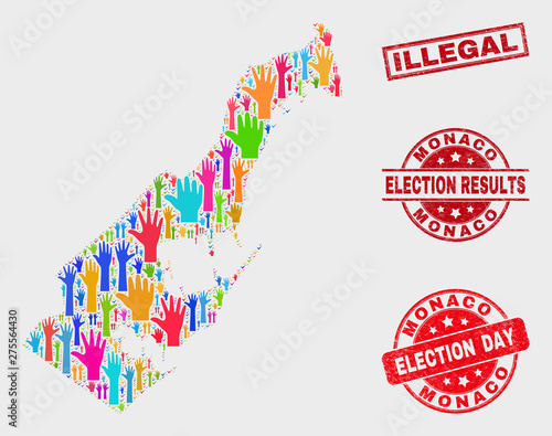 Election Monaco map and seal stamps. Red rectangle Illegal grunge seal stamp. Bright Monaco map mosaic of raised up support hands. Vector composition for election day, and referendum results.