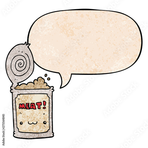 cartoon canned food and speech bubble in retro texture style