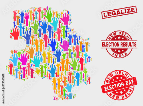 Democracy New Delhi City map and seal stamps. Red rectangle Legalize grunge seal. Colored New Delhi City map mosaic of upwards volunteer arms. Vector collage for election day, and ballot results.