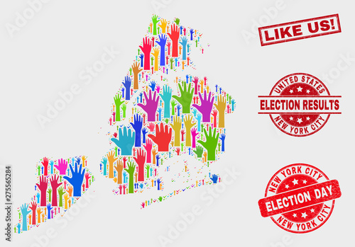 Voting New York City map and seal stamps. Red rectangular Like Us! grunge seal stamp. Bright New York City map mosaic of raised up referendum hands. Vector combination for election day,