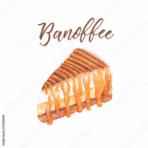 banoffee cake, hand draw sketch watercolor.
