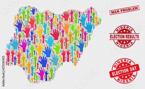 Ballot Nigeria map and seal stamps. Red rectangle Man Problem grunge seal stamp. Colored Nigeria map mosaic of raised referendum arms. Vector composition for election day, and referendum results.
