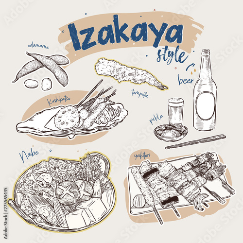 Japanese food elements, Izakaya style. hand draw sketch vector.
