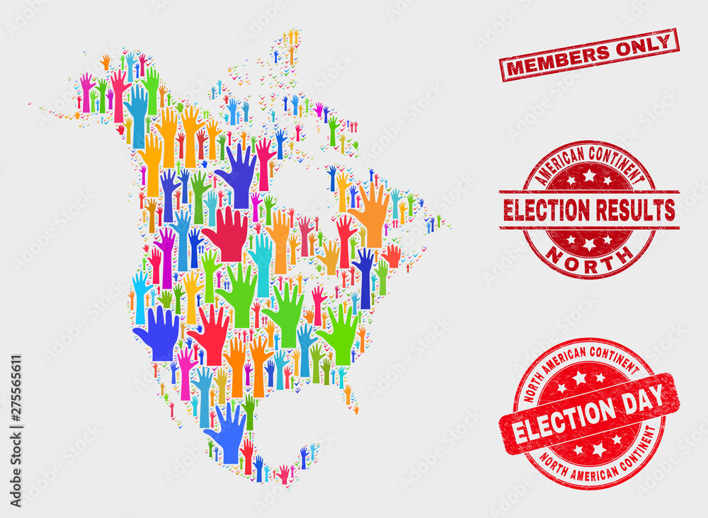 Electoral North America v2 map and seal stamps. Red rectangle Members Only grunge seal. Colored North America v2 map mosaic of upwards ballot hands. Vector collage for election day,