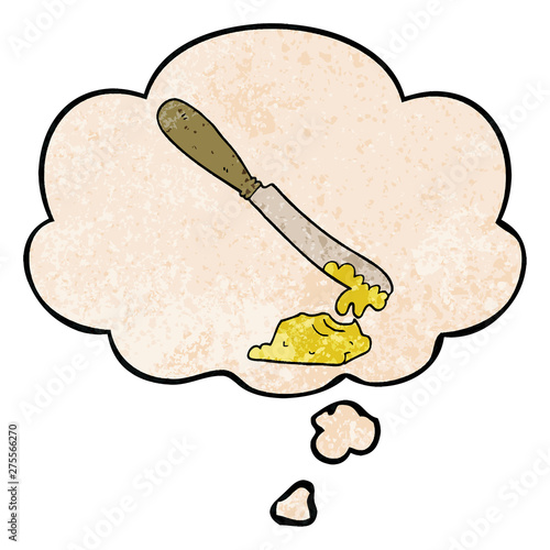 cartoon knife spreading butter and thought bubble in grunge texture pattern style