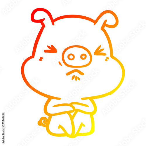 warm gradient line drawing cartoon angry pig sat waiting