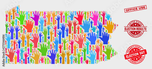 Election Pennsylvania State map and seals. Red rectangle Office Use distress seal. Colorful Pennsylvania State map mosaic of raised up election arms. Vector combination for election day,