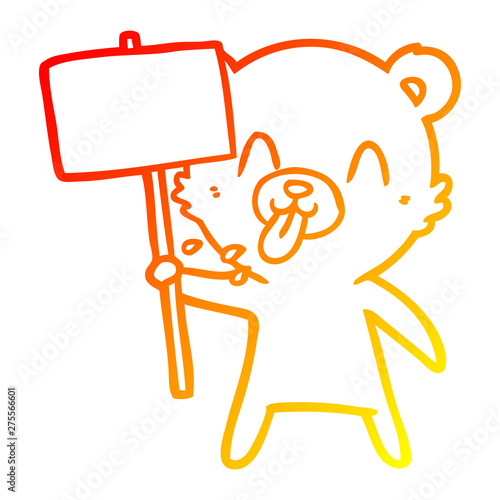 warm gradient line drawing rude cartoon bear with protest sign