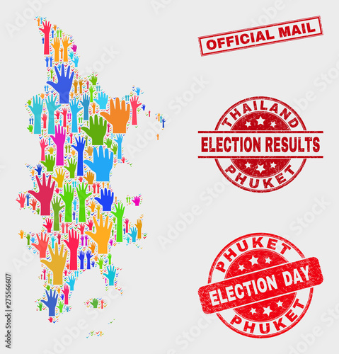 Political Phuket map and seal stamps. Red rectangular Official Mail grunge seal stamp. Colorful Phuket map mosaic of upwards like hands. Vector collage for election day, and referendum results.