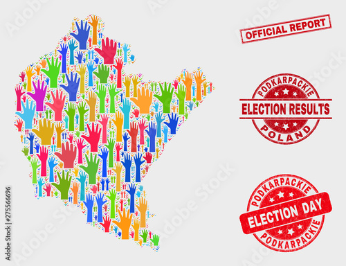 Election Podkarpackie Voivodeship map and watermarks. Red rectangle Official Report scratched stamp. Colored Podkarpackie Voivodeship map mosaic of raised up referendum hands.