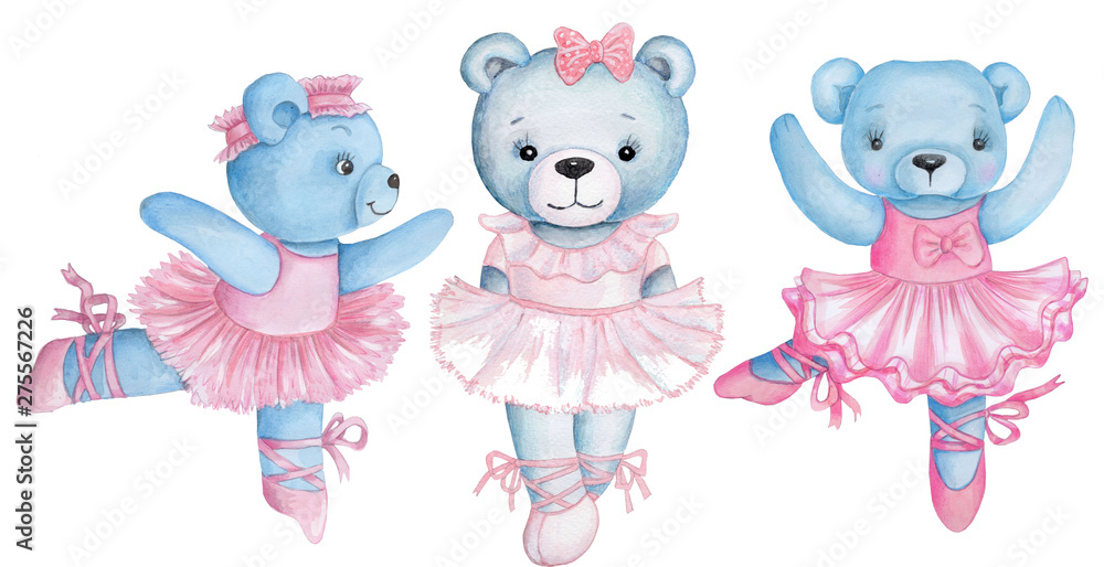 Watercolor illustration of three dancing teddy bears in pink ballet dresses.
