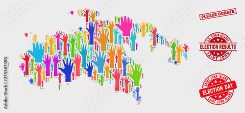 Election Saint John Island map and seal stamps. Red rectangular Please Donate distress watermark. Colored Saint John Island map mosaic of upwards referendum hands. Vector collage for election day,