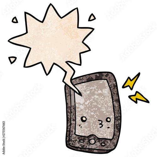 cartoon mobile phone and speech bubble in retro texture style