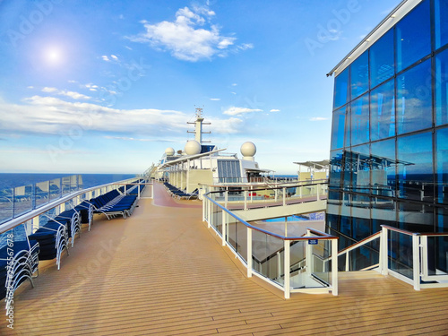 Cruise ship sailing to mediterranean cruise vacation at open sea at a bright sunny day