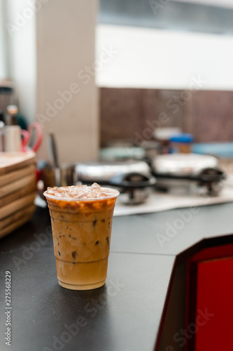iced coffee latte in mini cafe