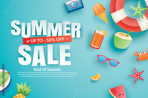 Summer sale with decoration origami on blue sky background. Paper art and craft style. Vector illustration of ice cream, watermelon, sunglasses.