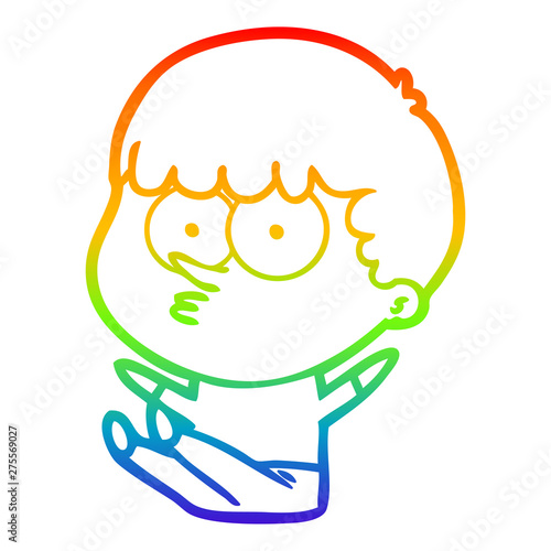 rainbow gradient line drawing cartoon boy sat waiting