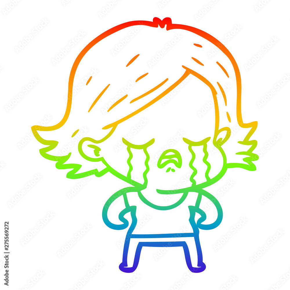 rainbow gradient line drawing cartoon girl crying