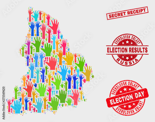 Election Sverdlovsk Region map and seals. Red rectangular Secret Receipt textured seal. Colored Sverdlovsk Region map mosaic of raised referendum arms. Vector combination for election day,