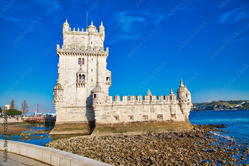 Lisbon, Belem Tower at sunset on the bank of the Tagus River Lisbon, Belem Tower at sunset on the bank of the Tagus River
