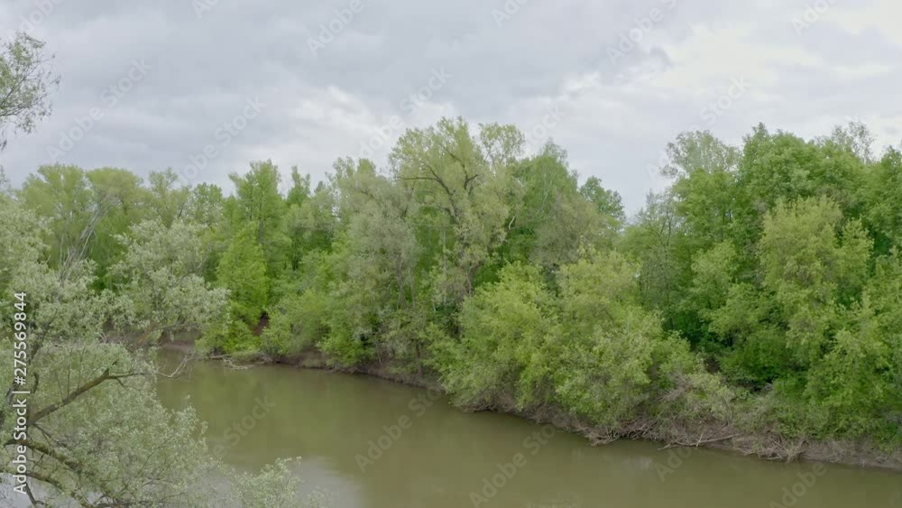 Aerial shot above the river. Overcast day. Durty river. Country side place with forest along the river. Aerial shot above the river. Overcast day. Durty river. Country side place with forest along the river.
