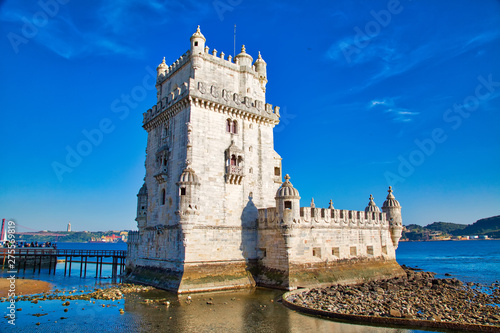 Lisbon, Belem Tower at sunset on the bank of the Tagus River photo