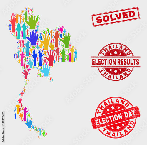 Election Thailand map and watermarks. Red rectangular Solved scratched seal. Colorful Thailand map mosaic of raised up raising arms. Vector combination for election day, and referendum results.