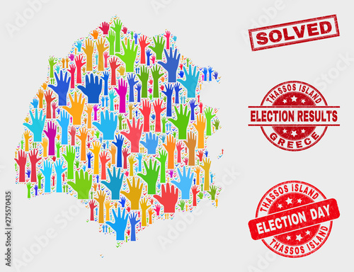 Election Thassos Island map and seal stamps. Red rectangle Solved textured watermark. Bright Thassos Island map mosaic of upwards referendum hands. Vector collage for election day,