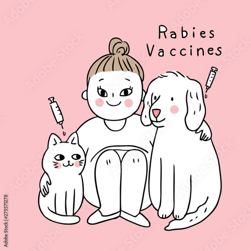 Cartoon cute dog and cat take vaccinated rabies vector.
