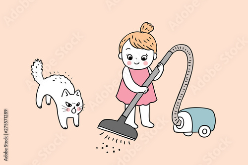 Cartoon cute girl and cat cleaning vector.