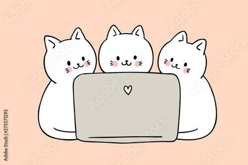 Cartoon cute cats playing computer vector.