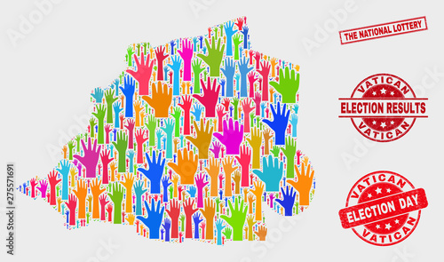 Political Vatican map and watermarks. Red rectangular The National Lottery textured stamp. Bright Vatican map mosaic of upwards referendum arms. Vector composition for election day,