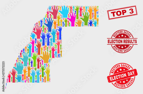 Political Western Sahara map and seals. Red rectangle Top 3 textured stamp. Colorful Western Sahara map mosaic of raised up referendum hands. Vector collage for election day, and referendum results.