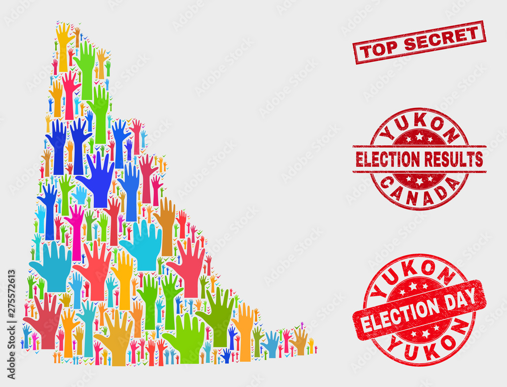 Democracy Yukon Province map and seal stamps. Red rectangle Top Secret grunge seal. Bright Yukon Province map mosaic of raised up vote arms. Vector collage for election day, and ballot results. Democracy Yukon Province map and seal stamps. Red rectangle Top Secret grunge seal. Bright Yukon Province map mosaic of raised up vote arms. Vector collage for election day, and ballot results.
