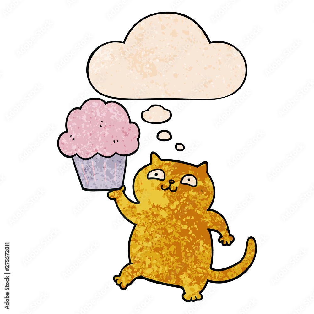 cartoon cat with cupcake and thought bubble in grunge texture pattern style cartoon cat with cupcake and thought bubble in grunge texture pattern style