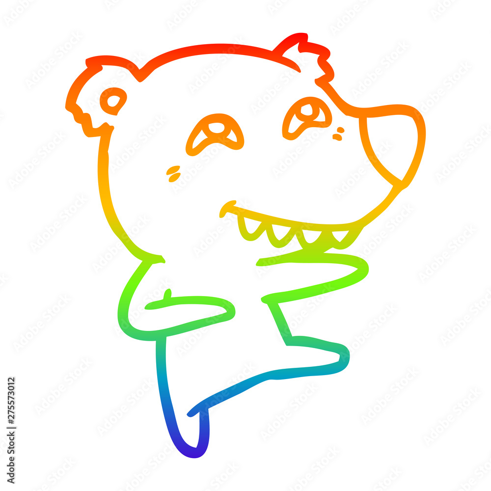 Obraz premium rainbow gradient line drawing cartoon bear showing teeth while dancing