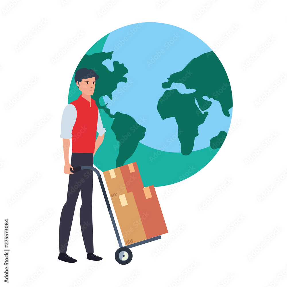 man with handcart boxes world fast delivery logistic man with handcart boxes world fast delivery logistic