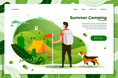 Vector illustration -  tourist man with dog looking on camping place with bonfire. Forests, trees and hills on green background. Banner, site, poster template with place for your text.