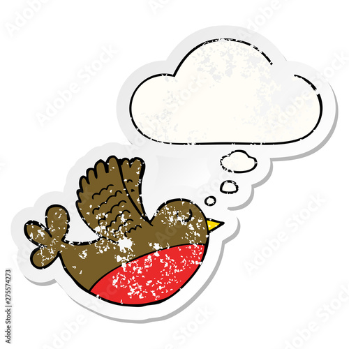 cartoon flying bird and thought bubble as a distressed worn sticker