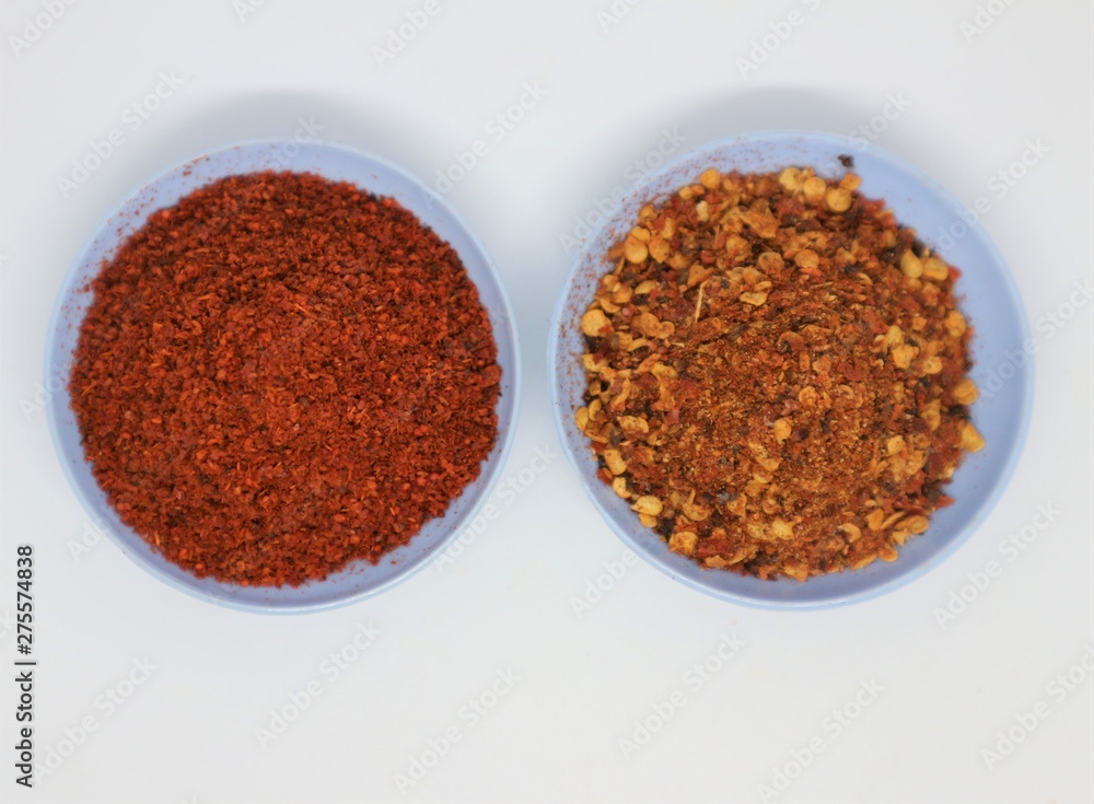 Heap of Red Chilli Pepper Powder Also Know as Mirchi, Mirchi Powder, Lal Mirchi, Mirch or Laal Mirchi isolated on White Background