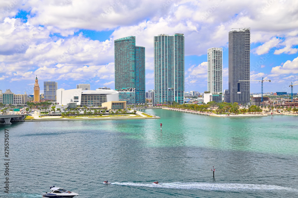 Miami, Florida, USA-20 May, 2019: Scenic Miami harbor on a bright sunny day