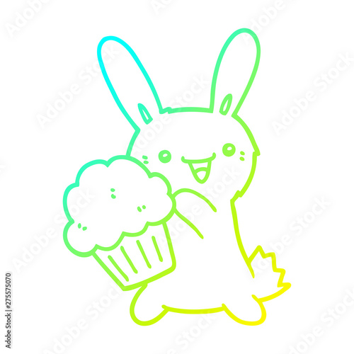 cold gradient line drawing cute cartoon rabbit with muffin